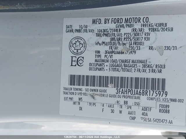 12628704 :رقم المزاد ، 3FAHP0JA6BR175979 vin ، 2011 Ford Fusion Sel مزاد بيع