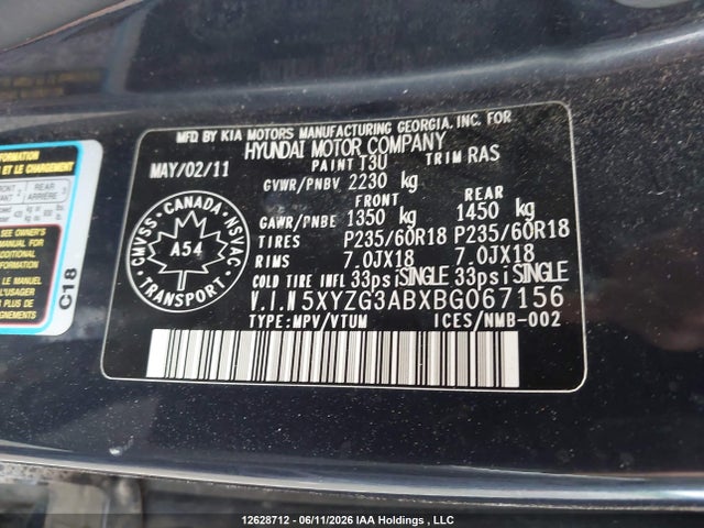 2011 Hyundai Santa Fe Gls მანქანა იყიდება აუქციონზე, vin: 5XYZG3ABXBG067156, აუქციონის ნომერი: 12628712