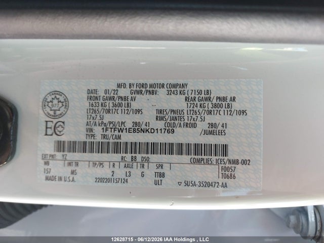 2022 Ford F150 Supercrew მანქანა იყიდება აუქციონზე, vin: 1FTFW1E85NKD11769, აუქციონის ნომერი: 12628715