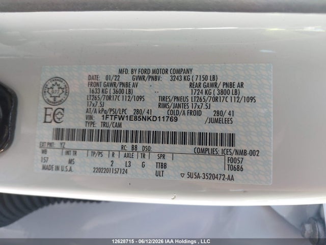 2022 Ford F150 Supercrew მანქანა იყიდება აუქციონზე, vin: 1FTFW1E85NKD11769, აუქციონის ნომერი: 12628715