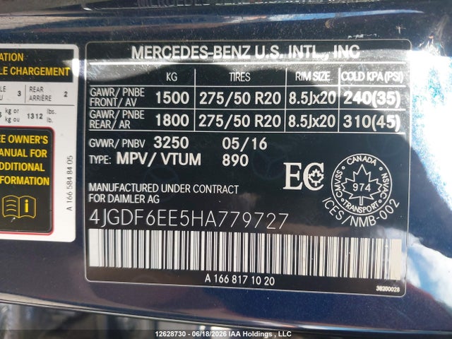 12628730 :رقم المزاد ، 4JGDF6EE5HA779727 vin ، 2017 Mercedes-benz Gls 450 4matic مزاد بيع