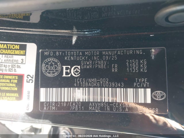 2026 Toyota Camry მანქანა იყიდება აუქციონზე, vin: 4T1DBADK6TU039343, აუქციონის ნომერი: 12628733