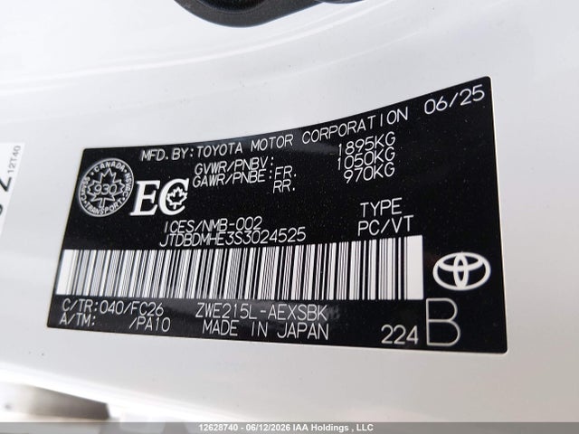 12628740 :رقم المزاد ، JTDBDMHE3S3024525 vin ، 2025 Toyota Corolla Hybrid مزاد بيع