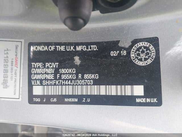 2018 Honda Civic მანქანა იყიდება აუქციონზე, vin: SHHFK7H44JU305703, აუქციონის ნომერი: 12628742