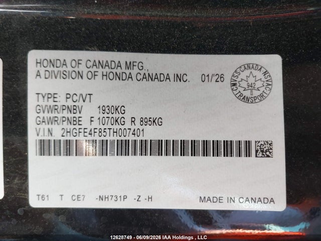 2026 Honda Civic Sport Hybrid/sport Touring Hybrid მანქანა იყიდება აუქციონზე, vin: 2HGFE4F85TH007401, აუქციონის ნომერი: 12628749