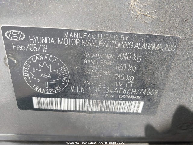 12628763 :رقم المزاد ، 5NPE34AF8KH774669 vin ، 2019 Hyundai Sonata Limited/sel/sport مزاد بيع