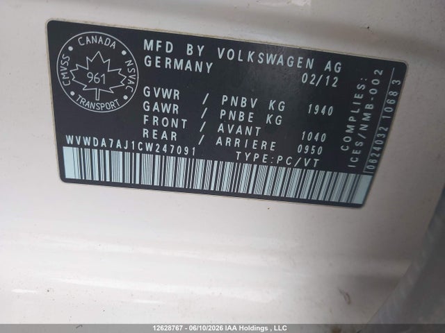 12628767 :رقم المزاد ، WVWDA7AJ1CW247091 vin ، 2012 Volkswagen Golf مزاد بيع