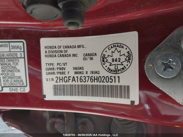 Aukcja sprzedaży 2006 Honda Civic Dx-g, vin: 2HGFA16376H020511, numer aukcji: 12628783
