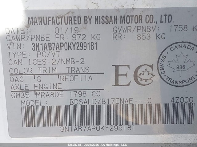 12628788 :رقم المزاد ، 3N1AB7AP0KY299181 vin ، 2019 Nissan Sentra S/sv/sr/sl مزاد بيع