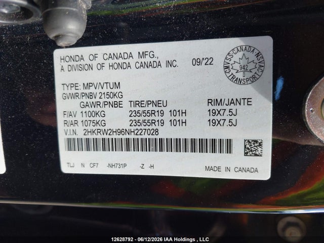 2HKRW2H96NH227028 Honda Cr-v Black Edition/touring