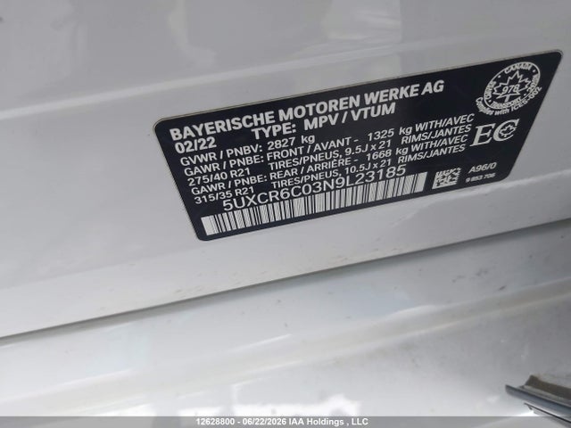12628800 :رقم المزاد ، 5UXCR6C03N9L23185 vin ، 2022 Bmw X5 Xdrive40i مزاد بيع