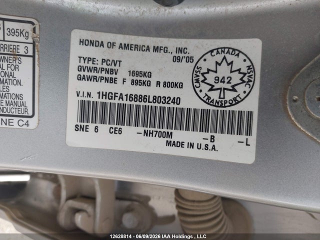 Aukcja sprzedaży 2006 Honda Civic Ex 4dr, vin: 1HGFA16886L803240, numer aukcji: 12628814