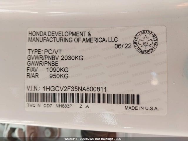 12628815 :رقم المزاد ، 1HGCV2F35NA800811 vin ، 2022 Honda Accord Sport مزاد بيع