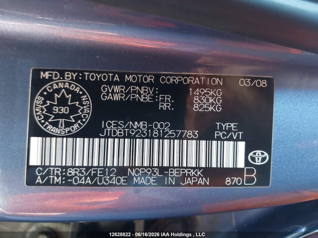Продаж на аукціоні авто 2008 Toyota Yaris, vin: JTDBT923181257783, номер лоту: 12628822