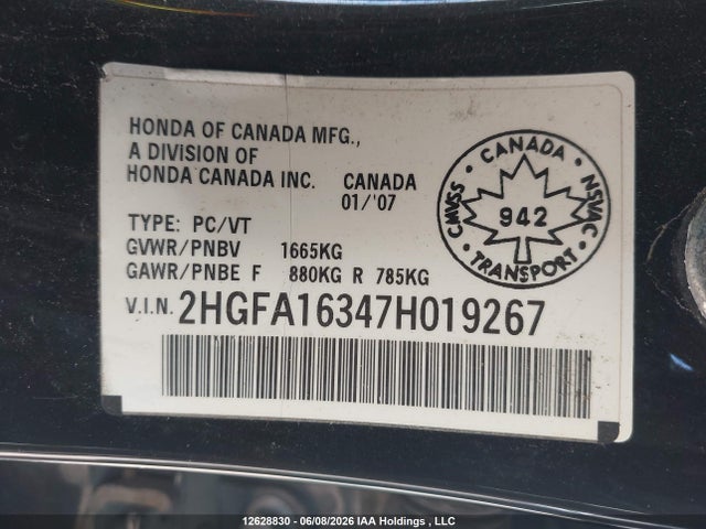 12628830 :رقم المزاد ، 2HGFA16347H019267 vin ، 2007 Honda Civic Dx-g مزاد بيع
