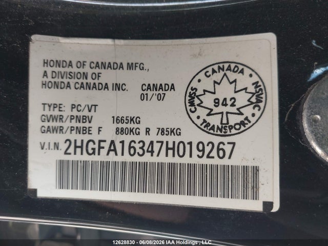 12628830 :رقم المزاد ، 2HGFA16347H019267 vin ، 2007 Honda Civic Dx-g مزاد بيع