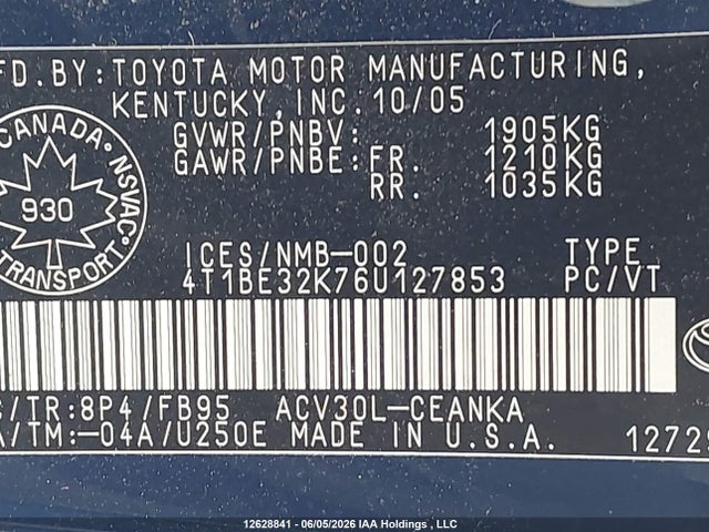 2006 Toyota Camry Le/xle/se მანქანა იყიდება აუქციონზე, vin: 4T1BE32K76U127853, აუქციონის ნომერი: 12628841