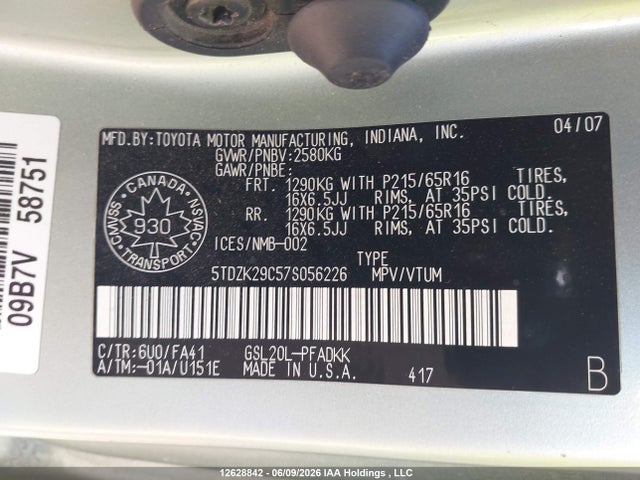 2007 Toyota Sienna Ce მანქანა იყიდება აუქციონზე, vin: 5TDZK29C57S056226, აუქციონის ნომერი: 12628842