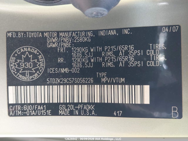 2007 Toyota Sienna Ce მანქანა იყიდება აუქციონზე, vin: 5TDZK29C57S056226, აუქციონის ნომერი: 12628842