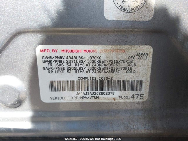 Продаж на аукціоні авто 2012 Mitsubishi Rvr Se, vin: JA4AJ3AU2CZ602378, номер лоту: 12628850