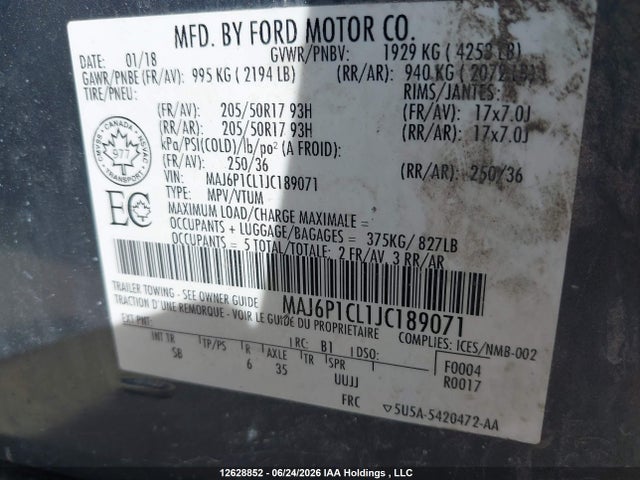 Продаж на аукціоні авто 2018 Ford Ecosport Ses, vin: MAJ6P1CL1JC189071, номер лоту: 12628852