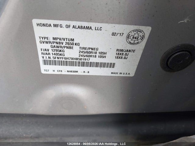 2017 Honda Pilot Exln მანქანა იყიდება აუქციონზე, vin: 5FNYF6H7XHB501917, აუქციონის ნომერი: 12628854