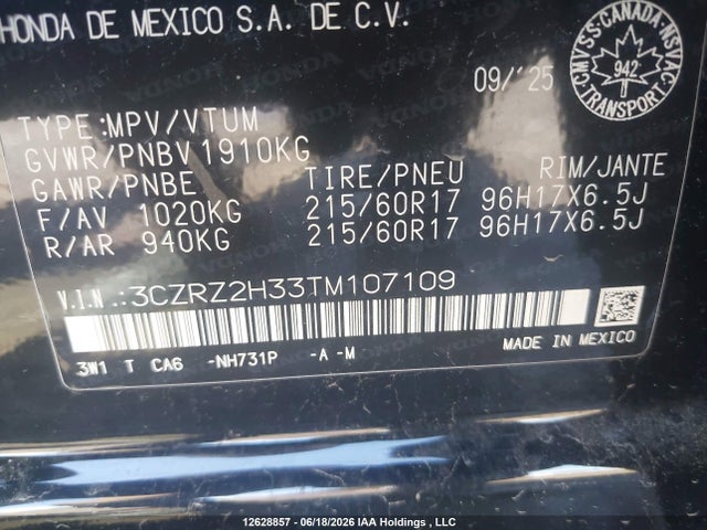 Продаж на аукціоні авто 2026 Honda Hr-v, vin: 3CZRZ2H33TM107109, номер лоту: 12628857