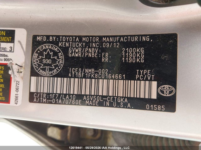 2012 Toyota Camry Xle მანქანა იყიდება აუქციონზე, vin: 4T1BF1FK8CU164661, აუქციონის ნომერი: 12619441