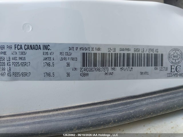 Продажа на аукционе авто 2019 Dodge Grand Caravan Se, vin: 2C4RDGBG7KR617273, номер лота: 12628862