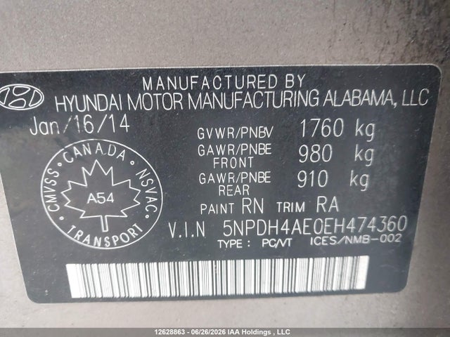 Aukcja sprzedaży 2014 Hyundai Elantra, vin: 5NPDH4AE0EH474360, numer aukcji: 12628863