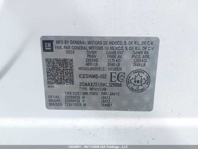 2019 Chevrolet Equinox Premier მანქანა იყიდება აუქციონზე, vin: 3GNAXZEU5KL329886, აუქციონის ნომერი: 12628881