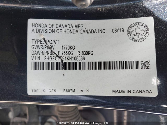 Продажа на аукционе авто 2019 Honda Civic Touring, vin: 2HGFC1F91KH106566, номер лота: 12628887