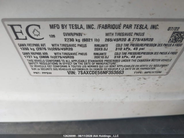 Aukcja sprzedaży 2022 Tesla Model X Awd/plaid, vin: 7SAXCDE56NF353663, numer aukcji: 12628899
