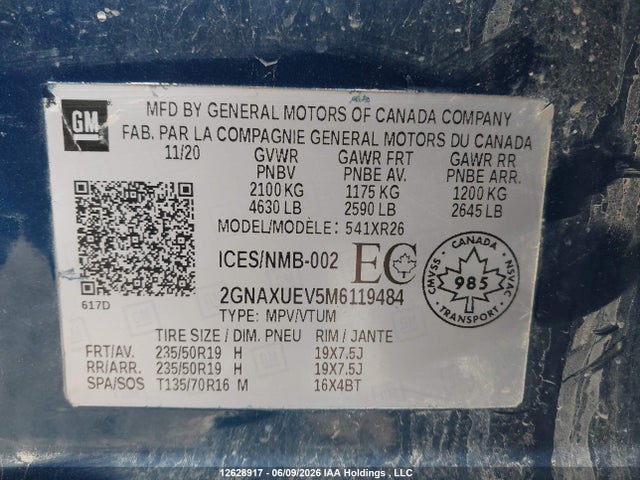 Продаж на аукціоні авто 2021 Chevrolet Equinox Lt, vin: 2GNAXUEV5M6119484, номер лоту: 12628917