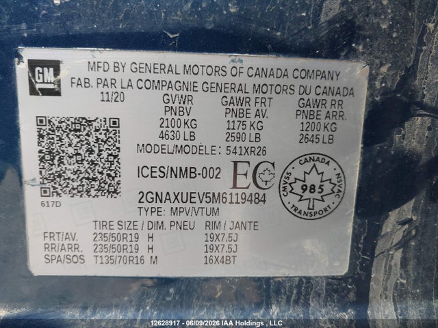Продаж на аукціоні авто 2021 Chevrolet Equinox Lt, vin: 2GNAXUEV5M6119484, номер лоту: 12628917
