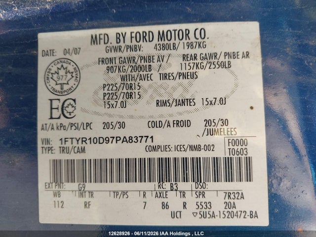 2007 Ford Ranger მანქანა იყიდება აუქციონზე, vin: 1FTYR10D97PA83771, აუქციონის ნომერი: 12628926