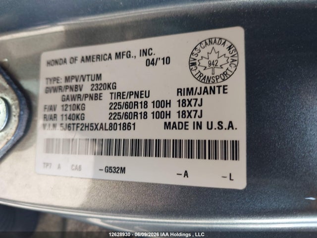 2010 Honda Accord Crosstour Ex-l მანქანა იყიდება აუქციონზე, vin: 5J6TF2H5XAL801861, აუქციონის ნომერი: 12628930
