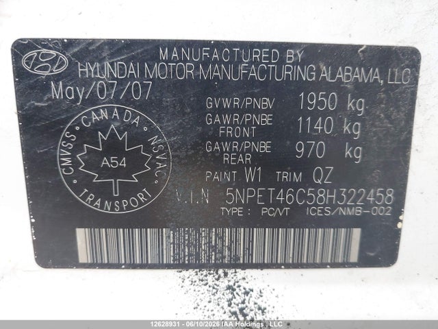 12628931 :رقم المزاد ، 5NPET46C58H322458 vin ، 2008 Hyundai Sonata Gl/gls مزاد بيع