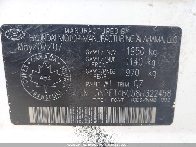 12628931 :رقم المزاد ، 5NPET46C58H322458 vin ، 2008 Hyundai Sonata Gl/gls مزاد بيع