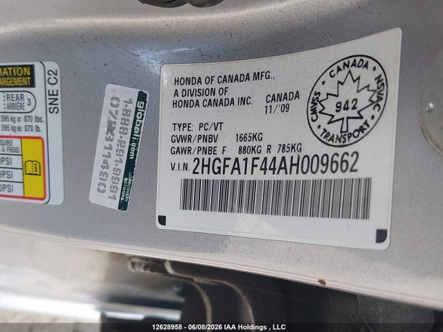 2010 Honda Civic Dx-g მანქანა იყიდება აუქციონზე, vin: 2HGFA1F44AH009662, აუქციონის ნომერი: 12628958
