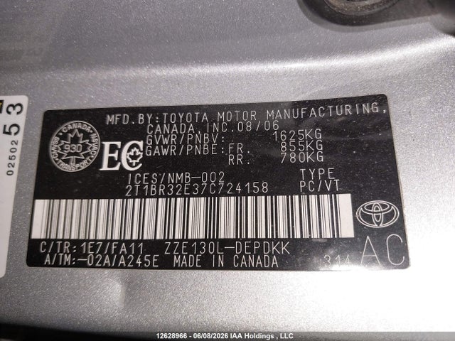 12628966 :رقم المزاد ، 2T1BR32E37C724158 vin ، 2007 Toyota Corolla مزاد بيع