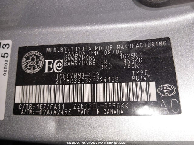 12628966 :رقم المزاد ، 2T1BR32E37C724158 vin ، 2007 Toyota Corolla مزاد بيع