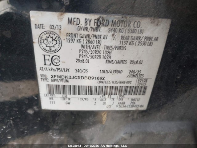 Продажа на аукционе авто 2013 Ford Edge Sel, vin: 2FMDK3JC9DBB91892, номер лота: 12628973