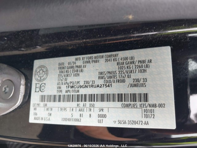 Auction sale of the 2024 Ford Escape Active, vin: 1FMCU9GN1RUA27541, lot number: 12628976