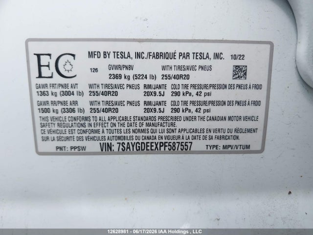 Aukcja sprzedaży 2023 Tesla Model Y, vin: 7SAYGDEEXPF587557, numer aukcji: 12628981