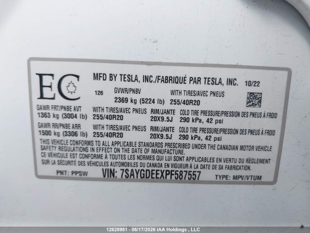 Aukcja sprzedaży 2023 Tesla Model Y, vin: 7SAYGDEEXPF587557, numer aukcji: 12628981
