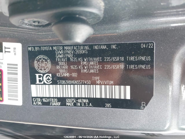 2022 Toyota Highlander L/le მანქანა იყიდება აუქციონზე, vin: 5TDBZRBH6NS577450, აუქციონის ნომერი: 12628991