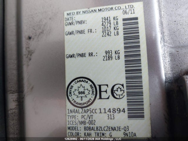 Продаж на аукціоні авто 2012 Nissan Altima, vin: 1N4AL2AP5CC114894, номер лоту: 12628992