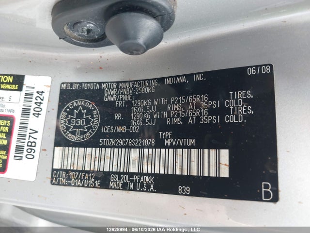 Aukcja sprzedaży 2008 Toyota Sienna Ce, vin: 5TDZK29C78S221078, numer aukcji: 12628994