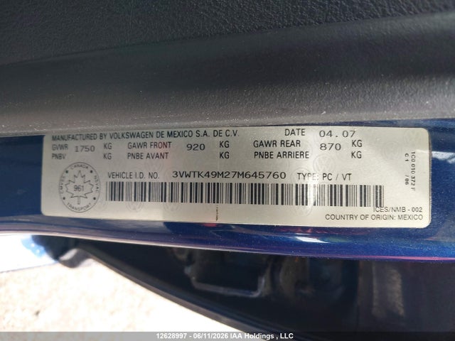 12628997 :رقم المزاد ، 3VWTK49M27M645760 vin ، 2007 Volkswagen City Jetta 2.0 مزاد بيع